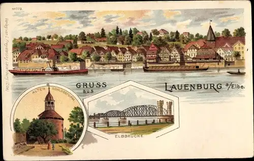 Litho Lauenburg an der Elbe, Elbbrücke, alter Schlossturm, Blick auf den Ort