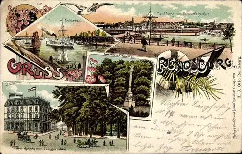 Litho Rendsburg in Schleswig Holstein, Hotel Green mit Jungfernstieg, Denkmal, Drehbrücke