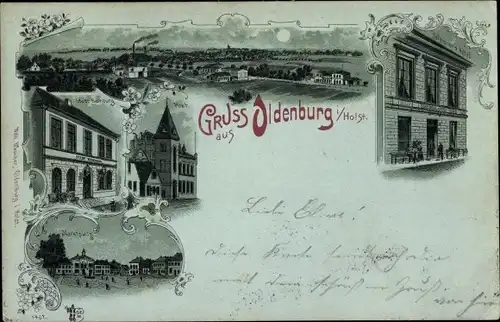 Mondschein Litho Oldenburg in Holstein, Hotel, Blick auf den Ort, Post, Marktplatz