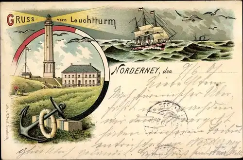 Litho Norderney in Ostfriesland, Leuchtturm, Anker, Segelschiff
