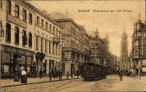 Ak Krefeld am Niederrhein, Rheinstraße mit Cafe Bristol, Straßenbahn 16