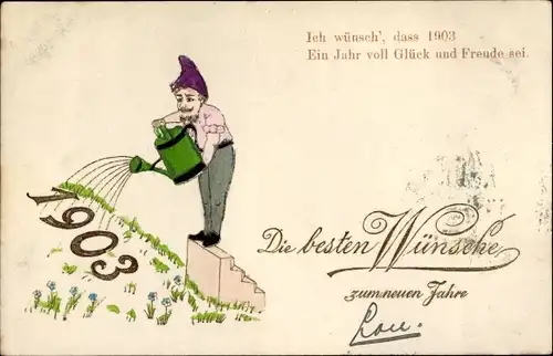 Präge Litho Glückwunsch Neujahr, Jahreszahl 1903, Zwerg mit Gießkanne