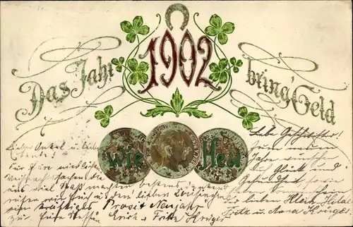 Präge Litho Glückwunsch Neujahr, Jahreszahl 1902, Kleeblätter, Münzen