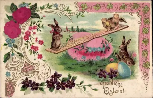 Präge Stoff Litho Glückwunsch Ostern, Hasen und Küken auf einer Wippe, Ostereier