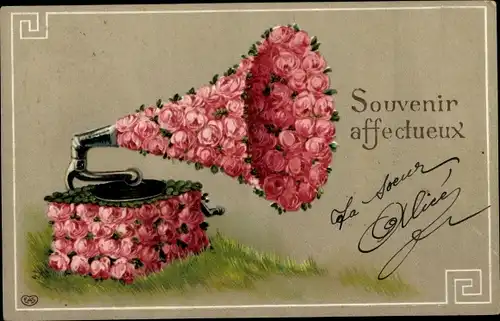 Präge Litho Souvenir affectueux, Grammophon, Rosenblüten