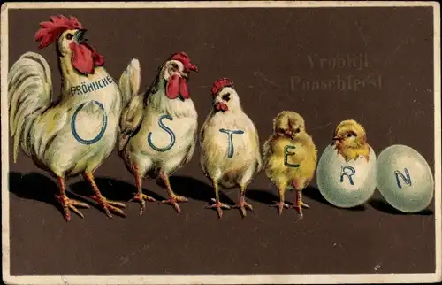 Präge Litho Glückwunsch Ostern, Hahn, Hühner, Küken, Ei