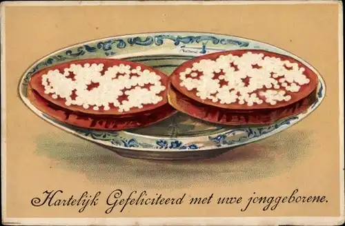 Präge Litho Glückwunsch Geburt, Essen auf einem Teller, Kekse