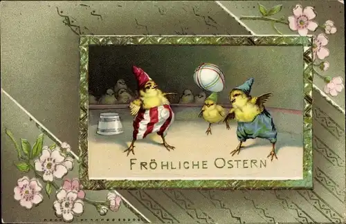 Präge Passepartout Litho Glückwunsch Ostern, Vermenschlichte Küken im Zirkus, Osterei