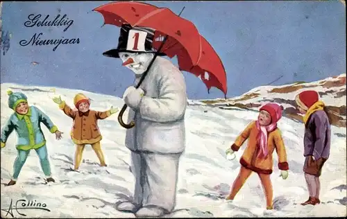 Künstler Ak Collino, A., Glückwunsch Neujahr, Vermenschlichter Schneemann, Kinder
