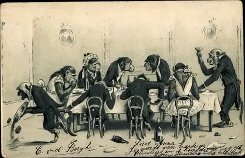 Präge Litho Affen im Anzug am Tisch mit Sekt, Kellner, Vermenschlichtes