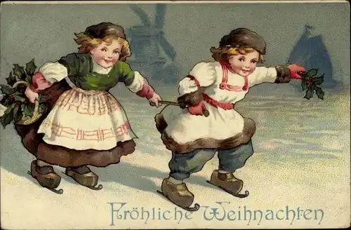 Präge Ak Glückwunsch Weihnachten, Kinder in Trachten beim Eislaufen, Stechpalmenzweige