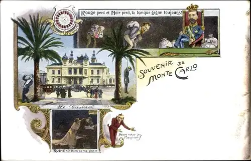Litho Monte Carlo Monaco, Fürst Albert I, Roulette, Kasino, Teufel, Karikatur