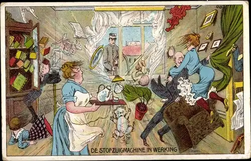 Litho De Stofuigmachine in Werking, Staubsauger, Humor, Dienstmädchen