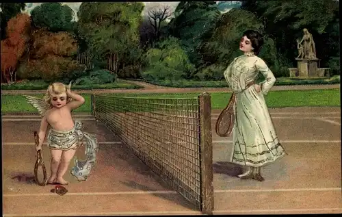 Litho Frau und Engel spielen Tennis