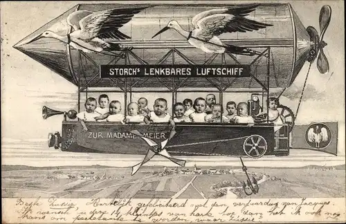 Ak Storch's lenkbares Luftschiff, Zur Madame Meier, Babies, Zeppelin, Störche
