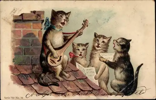 Präge Litho Vermenschlichte Katzen singen auf einem Hausdach