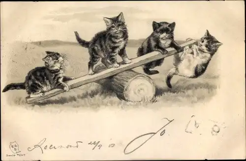 Präge Litho Hauskatzen, Katzen vermenschlicht, Wippe