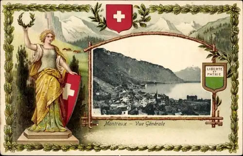 Präge Wappen Passepartout Ak Montreux Kanton Waadt Schweiz, Blick auf den Ort