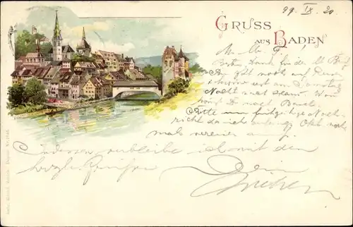 Litho Baden Kt. Aargau Schweiz, Blick auf den Ort