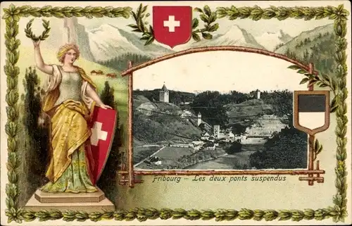 Präge Wappen Passepartout Ak Fribourg Freiburg Stadt Schweiz, Les deux ponts suspendus