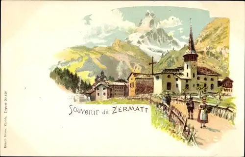 Litho Zermatt Kanton Wallis Schweiz, Ortsansicht, Gebirge