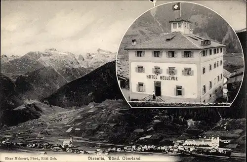 Ak Disentis Kt. Graubünden, Hotel Bellevue, Blick auf den Ort