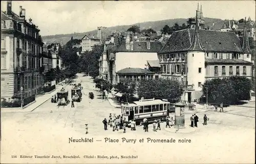 Ak Neuchâtel Neuenburg Stadt, Place Purry et Promenade noire, Straßenbahnen