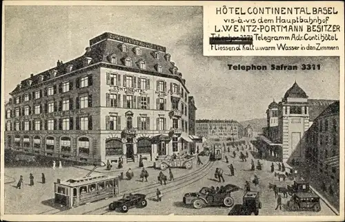 Künstler Ak Bâle Basel Stadt Schweiz, Hotel Continental, Straßenbahn
