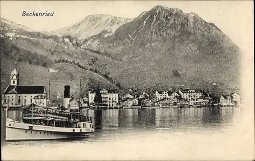 Ak Beckenried Kt. Nidwalden Schweiz, Blick auf den Ort, Salondampfer, Vierwaldstättersee