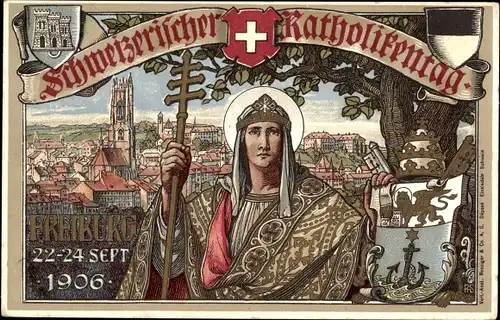 Wappen Künstler Ak Fribourg Freiburg Stadt Schweiz, Schweizerischer Katholikentag 1906