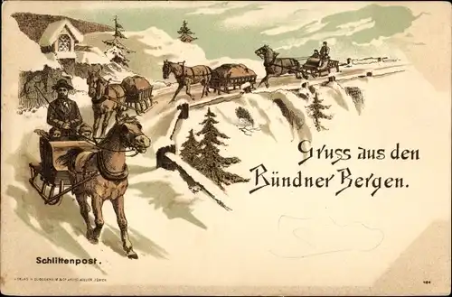 Litho Kanton Graubünden, Gruß aus den Bündner Bergen, Schlittenpost, Schlittengespanne