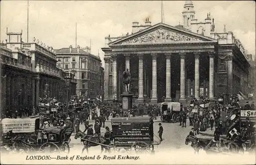 Ak London City England, Bank of England and Royal Exchange, Straßenszene