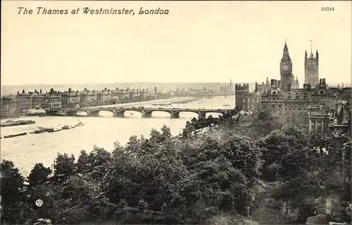Ak City of Westminster London England, The Thames at Westminster, Brücke, Big Ben