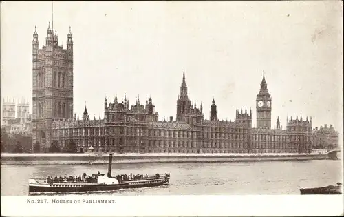 Ak London City England, House of Parliament, Big Ben, Themse, Dampfer