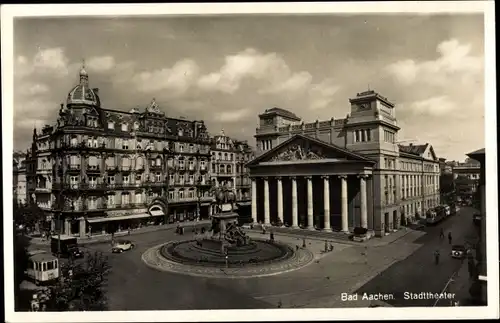 Ak Aachen in Nordrhein Westfalen, Theater mit Kaiser Wilhelm-Denkmal, Straßenbahn