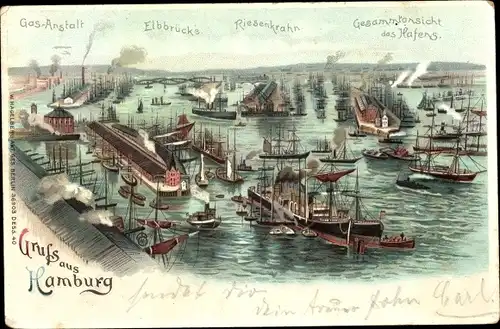 Litho Hamburg, Gas-Anstalt, Elbbrück's, Riesenkran, Gesamtansicht des Hafens