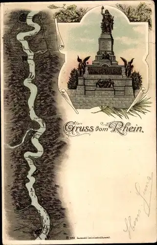 Litho Rüdesheim am Rhein, Niederwald Nationaldenkmal, Rheinverlauf