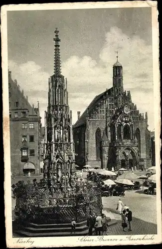 Ak Nürnberg in Mittelfranken, Schöner Brunnen und Frauenkirche