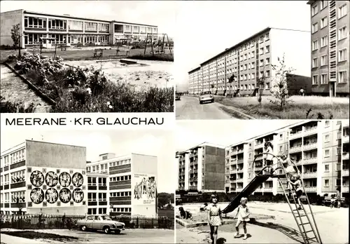 Ak Meerane in Sachsen, Wohnsiedlung, Hochhäuser, Spielplatz, Schule, Kindergarten