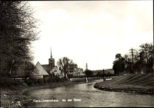 Ak Untermhaus Gera in Thüringen, An der Elster, Teilansicht vom Ort, Brücke