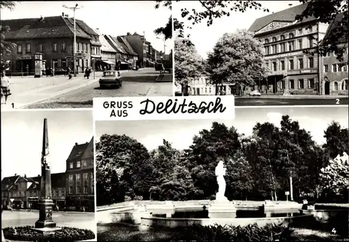 Ak Delitzsch in Sachsen, Rathaus, Wilhelm-Pieck-Straße, Brunnengruppe Genesung, Postmeilensäule