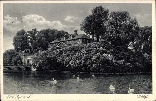 Ak Bad Pyrmont in Niedersachsen, Schloss, Teich, Schwäne