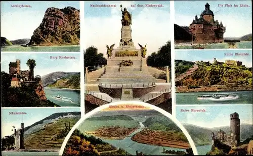 Ak Rüdesheim am Rhein, Niederwald Nationaldenkmal, Rheinstein, Mäuseturm, Lorelay, Pfalz