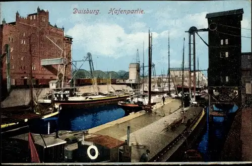 Ak Duisburg, Hafenpartie, Schiffe, Kräne, Gebäude