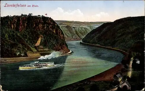 Ak Sankt Goarshausen am Rhein, Loreley, Felsen, Schiff