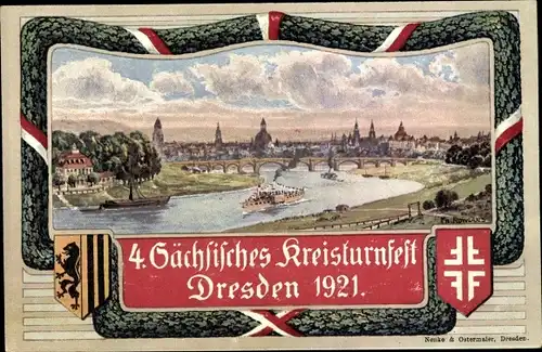 Künstler Wappen Ak Dresden, 4. Sächsisches Kreisturnfest 1921, Stadtansicht vom Waldschlösschen aus