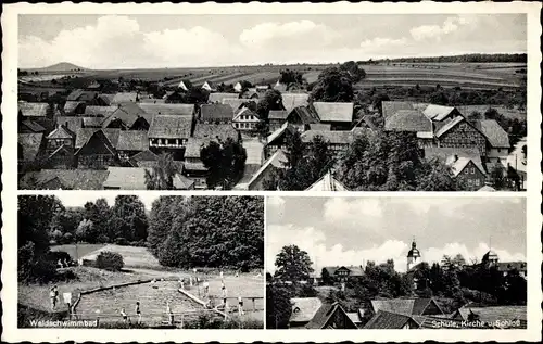 Ak Heldritt Bad Rodach Oberfranken Bayern, Waldschwimmbad, Teilansicht, Schule, Kirche, Schloss