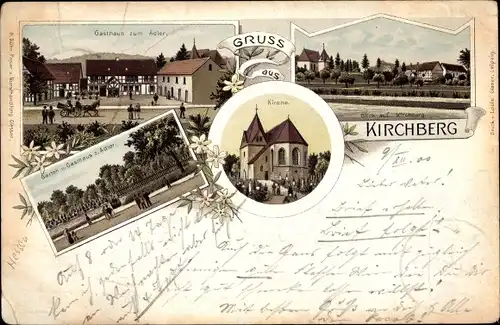 Litho Kirchberg in Sachsen, Gasthof zum Adler, Kirche, Teilansicht