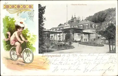 Ak Schlangenbad im Taunus Hessen, Oberes Kurhaus, Radfahrer, Nackidei