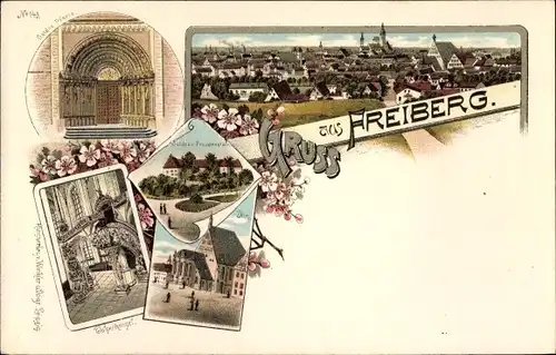 Litho Freiberg in Sachsen, Panorama, Goldene Pforte, Schloss